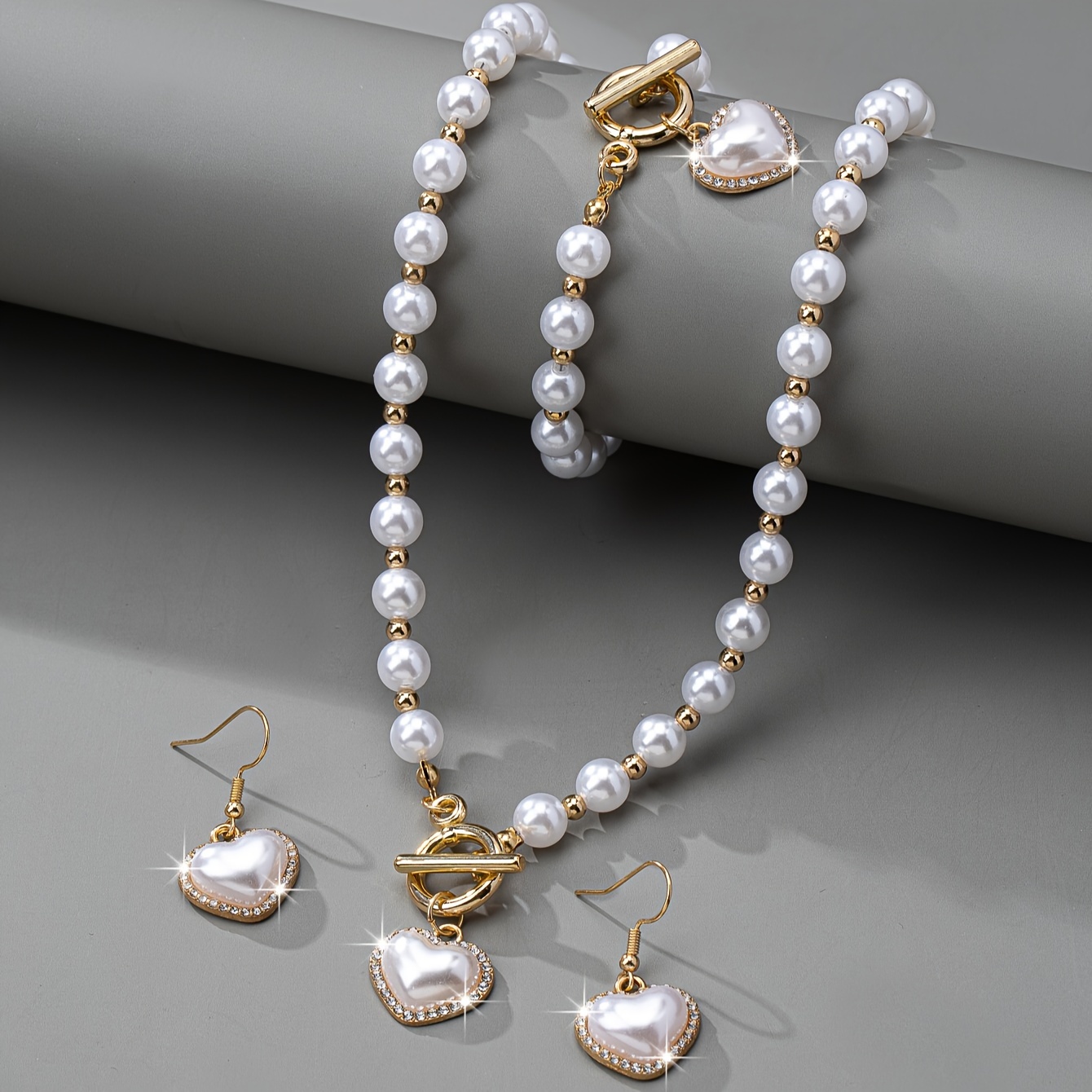 18K Gold Plated Pearl Jewelry Set with Rhinestone Accents